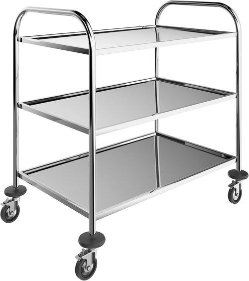 Edelstahl-Servierwagen mit 3 Ebenen und 4 Feststellrollen